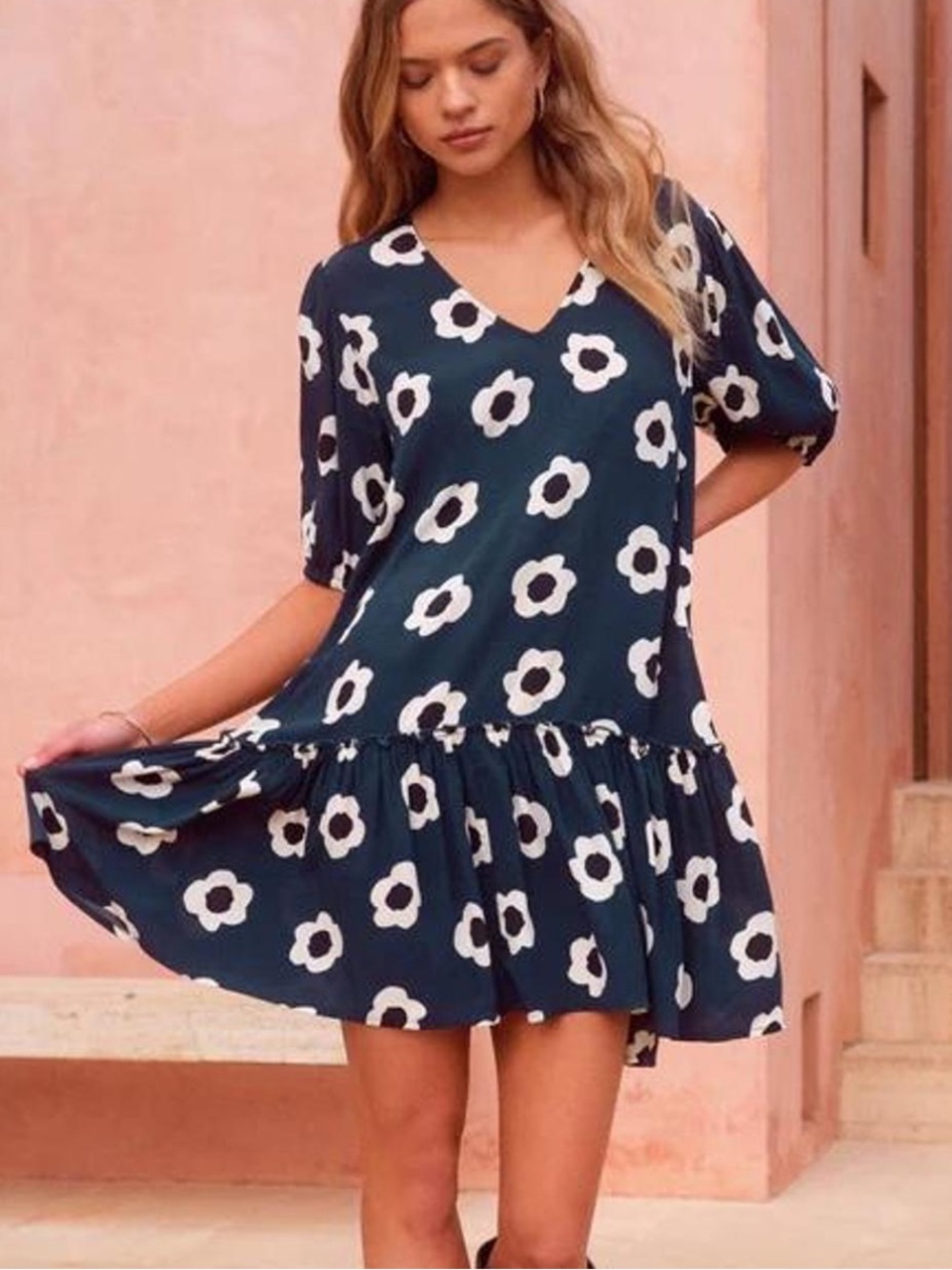 Mister Zimi Blue Printed Mini Dress Long Sleeve Boho Smocked Waist